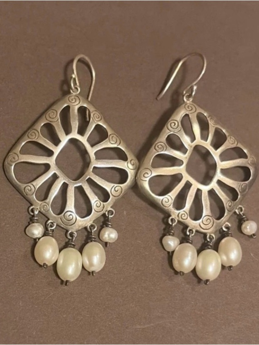 SILPADA Sterling Silver Cutout Freshwater Pearl Drop Dangle Wire Earrings W2165